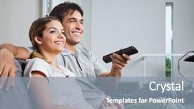  Presentation with television watching - PPT theme consisting of remote control - happy young couple watching television background and a gray colored foreground