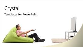  Presentation with green officebuilding man - Cool new slide deck with remote control - relaxed man sitting backdrop and a white colored foreground