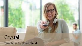  Presentation with free neculer - Cool new PPT theme with remote control - young handsome woman enjoying free backdrop and a coral colored foreground