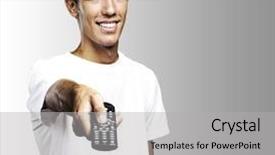  Presentation with ion channel - Slide deck featuring remote control - young man smiling and changing background and a light gray colored foreground
