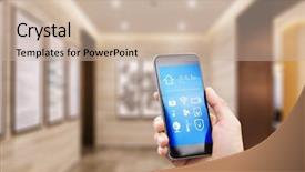  Presentation with smart phone apps - Colorful slide set enhanced with remote control homeappliances - mobile phone with apps backdrop and a soft green colored foreground