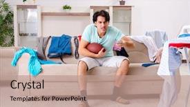  Presentation with home hazardous waste - PPT layouts with remote control homeappliances - young man husband ironing background and a  colored foreground