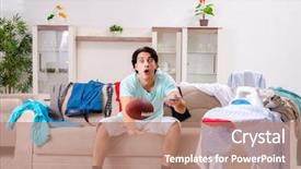  Presentation with ironing - Slide set enhanced with remote control homeappliances - young man husband ironing background and a  colored foreground