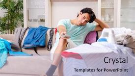  Presentation with ironing - Beautiful slide set featuring remote control homeappliances - young man husband ironing backdrop and a  colored foreground
