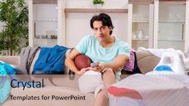  Presentation with ironing - Colorful presentation design enhanced with remote control homeappliances - young man husband ironing backdrop and a  colored foreground