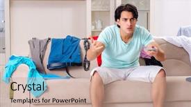  Presentation with one young man exercising handball - Presentation design having remote control homeappliances - young man husband ironing background and a  colored foreground