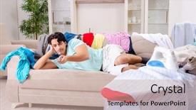  Presentation with ironing - PPT theme with remote control homeappliances - young man husband ironing background and a  colored foreground