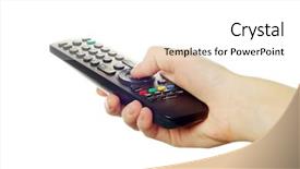  Presentation with control - PPT theme enhanced with remote control in hand isolated background and a white colored foreground