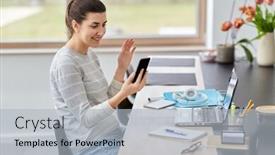  Presentation with video conference - Presentation theme having remote-job-business-and-people background and a light gray colored foreground