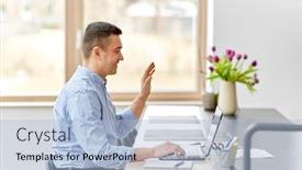  Presentation with remote working - Slide deck enhanced with remote-job-business-and-people background and a light blue colored foreground