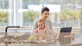  Presentation with working mother - PPT theme featuring remote-job-multi-tasking background and a coral colored foreground