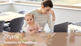  Presentation with working mother - Presentation theme having remote-job-multi-tasking background and a coral colored foreground