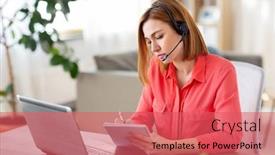  Presentation with video conference - Amazing PPT layouts having remote-job-technology-and-people backdrop and a coral colored foreground