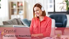  Presentation with young happy people smiling - PPT theme with remote-job-technology-and-people background and a red colored foreground