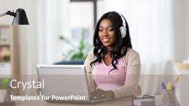  Presentation with young happy people smiling - Colorful PPT theme enhanced with remote-job-technology-and-people backdrop and a gray colored foreground