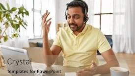  Presentation with video conference - Beautiful PPT layouts featuring remote-job-technology-and-people backdrop and a coral colored foreground