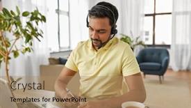  Presentation with video conference - Audience pleasing theme consisting of remote-job-technology-and-people backdrop and a coral colored foreground