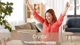  Presentation with young happy people smiling - Presentation design enhanced with remote-job-technology-and-people background and a coral colored foreground