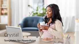  Presentation with young happy people smiling - Colorful presentation theme enhanced with remote-job-technology-and-people backdrop and a mint green colored foreground