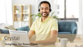  Presentation with home office - Slide deck with remote-job-technology-and-people background and a coral colored foreground