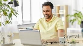  Presentation with young happy people smiling - Beautiful slide set featuring remote-job-technology-and-people backdrop and a soft green colored foreground