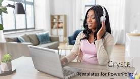  Presentation with young happy people smiling - Presentation theme with remote-job-technology-and-people background and a mint green colored foreground