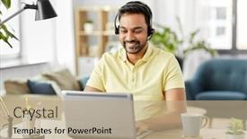  Presentation with home office - Amazing slides having remote-job-technology-and-people backdrop and a coral colored foreground