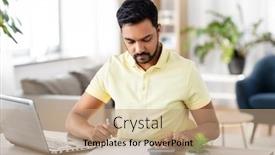  Presentation with remote working - Beautiful PPT theme featuring remote-job-technology-and-people backdrop and a coral colored foreground