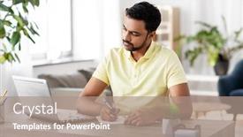  Presentation with home office - Amazing PPT theme having remote-job-technology-and-people backdrop and a coral colored foreground