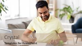  Presentation with remote working - Slide deck having remote-job-technology-and-people background and a coral colored foreground