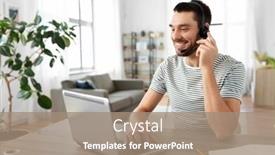  Presentation with video conference - PPT theme having remote-job-technology-and-people background and a coral colored foreground