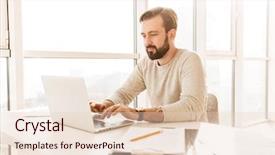  Presentation with remote working - Presentation having remote leadership - photo of pleased adult man background and a  colored foreground