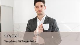  Presentation with cup coffee - Amazing PPT theme having remote leadership - portrait of handsome man backdrop and a  colored foreground