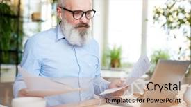  Presentation with cafe - PPT theme featuring remote listening - mature bearded businessman with earphones background and a coral colored foreground