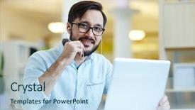  Presentation with ict modern laptop - Slide set having remote listening - modern young man with earphones background and a  colored foreground