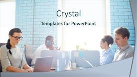  Presentation with managers - Cool new slides with remote management - four young managers of open backdrop and a sky blue colored foreground