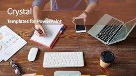  Presentation with remote working - Slide set enhanced with remote management - top view of manager sitting background and a tawny brown colored foreground