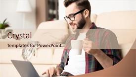  Presentation with casual young people - Beautiful presentation theme featuring remote management - young casual employee with mug backdrop and a lemonade colored foreground