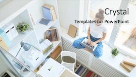  Presentation with airplane wing through airplane window - PPT theme featuring remote management - young office manager with crossed background and a  colored foreground