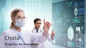  Presentation with patient monitoring - Colorful presentation design enhanced with remote patient monitoring - doctors in future telemedicine concept backdrop and a light blue colored foreground