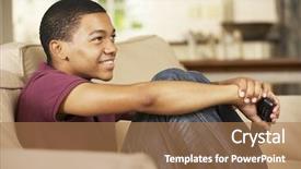  Presentation with television watching - PPT theme enhanced with remote sending - teenage boy sitting on sofa background and a coral colored foreground