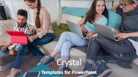  Presentation with wireless network - Colorful presentation theme enhanced with remote sensing - happy young people laughing while backdrop and a ocean colored foreground