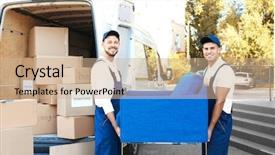  Presentation with employee - Presentation design with employee manual - delivery men with armchair near background and a coral colored foreground