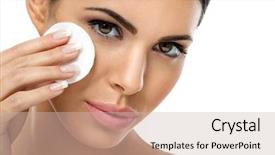  Presentation with skin care - PPT layouts with skin care woman removing face makeup with cotton swab pad - skin care concept background and a soft green colored foreground