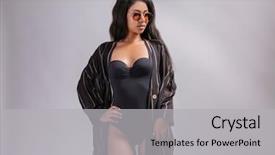  Presentation with spectrum laser beams light - Audience pleasing slides consisting of remove cover - beautiful young woman in beachwear backdrop and a light gray colored foreground