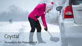  Presentation with snow shovel - Beautiful PPT theme featuring remove cover - woman with a shovel removing backdrop and a light blue colored foreground