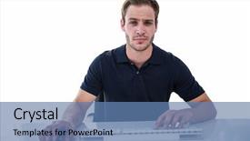  Presentation with computer - Audience pleasing presentation consisting of renacimiento - handsome man using computer backdrop and a  colored foreground