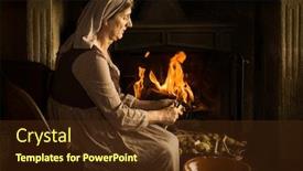  Presentation with renaissance - PPT theme having renaissance old master portrait of a peasant woman peeling potatoes at her fireplace background and a tawny brown colored foreground
