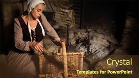 Presentation with released - PPT theme enhanced with renaissance portrait in rembrandt style of a young woman in medieval peasant costume working near the authentic fireplace of a property released french castle background and a tawny brown colored foreground