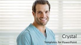  Presentation with scrubs - Beautiful presentation featuring renal cancer - portrait of happy young male backdrop and a light blue colored foreground